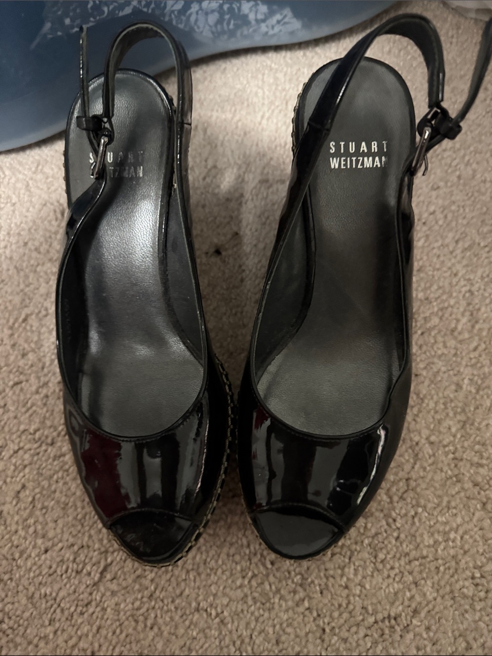 Stuart Weitzman Black Patent Peep-Toe Slingback Wedges